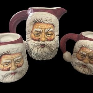 Fitz and Floyd Vintage Santa Claus Ceramic Pitcher and Mugs Set